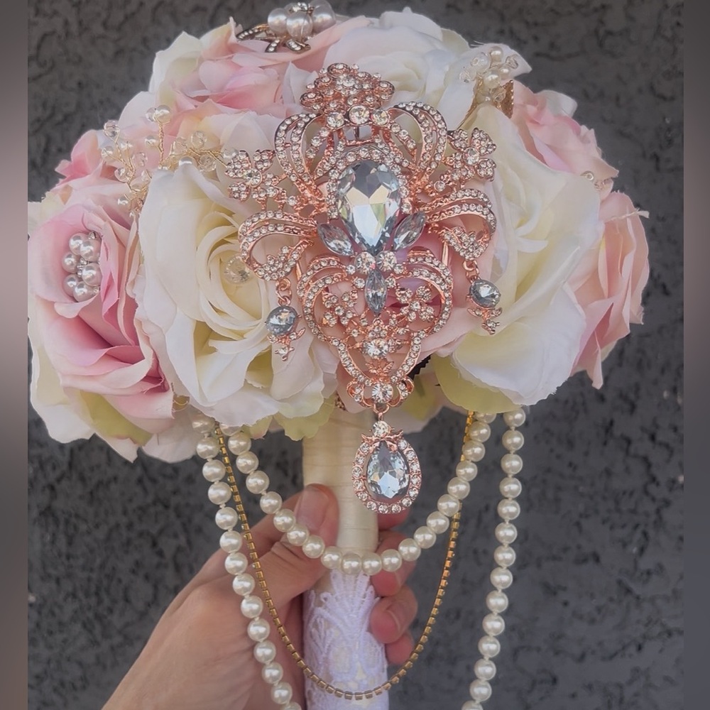 Rose Gold Crystal Bridal Bouquet with Pink & Ivory Roses